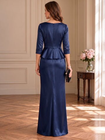Sheath/Column V-Neck Satin Mother of the Bride & Groom Dresses Floor-Length 3/4 Sleeves With Ruffles