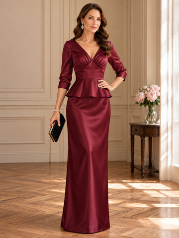 Sheath/Column V-Neck Satin Mother of the Bride & Groom Dresses Floor-Length 3/4 Sleeves With Ruffles