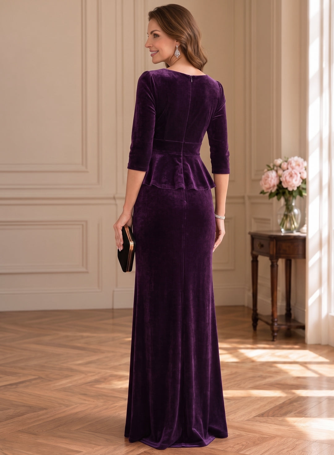 Sheath/Column V-Neck Velvet Mother of the Bride & Groom Dresses 3/4 Sleeves Ruffles Floor-Length