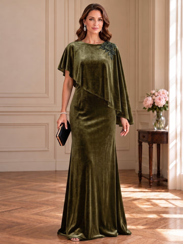 Sheath/Column Scoop Velvet Mother of the Bride & Groom Dresses Cape Sleeves Beading Floor-Length