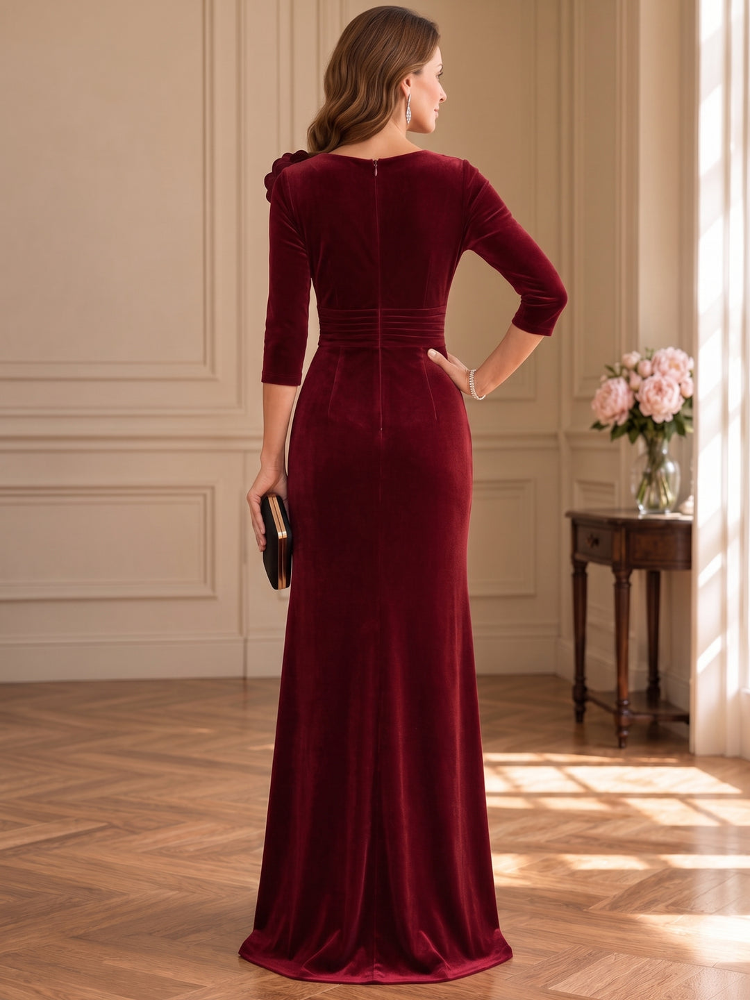 Sheath/Column V-Neck Velvet Mother of the Bride & Groom Dresses 3/4 Sleeves Floor-Length With 3D Flower
