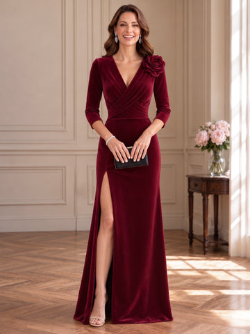 Sheath/Column V-Neck Velvet Mother of the Bride & Groom Dresses 3/4 Sleeves Floor-Length With 3D Flower