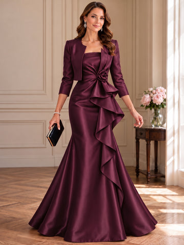 2 Pieces Trumpet/Mermaid Strapless Satin Mother of the Bride & Groom Dresses Floor-Length 3/4 Sleeves & Sleeveless With 3D Flower