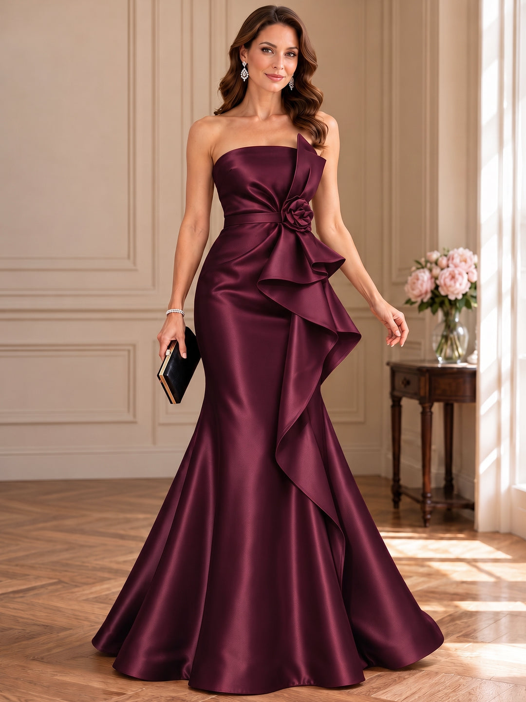 2 Pieces Trumpet/Mermaid Strapless Satin Mother of the Bride & Groom Dresses Floor-Length 3/4 Sleeves & Sleeveless With 3D Flower