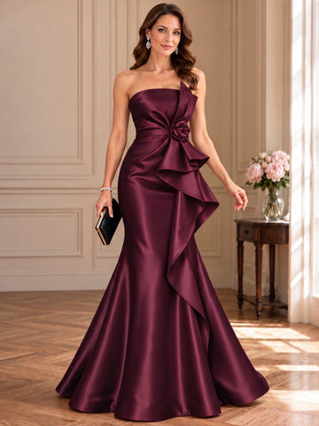 2 Pieces Trumpet/Mermaid Strapless Satin Mother of the Bride & Groom Dresses Floor-Length 3/4 Sleeves & Sleeveless With 3D Flower