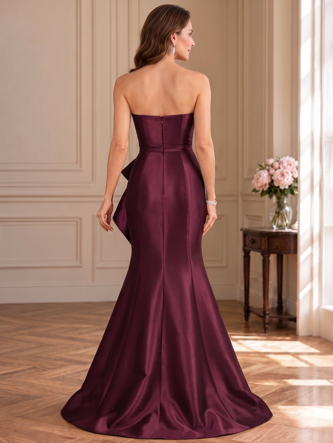 2 Pieces Trumpet/Mermaid Strapless Satin Mother of the Bride & Groom Dresses Floor-Length 3/4 Sleeves & Sleeveless With 3D Flower