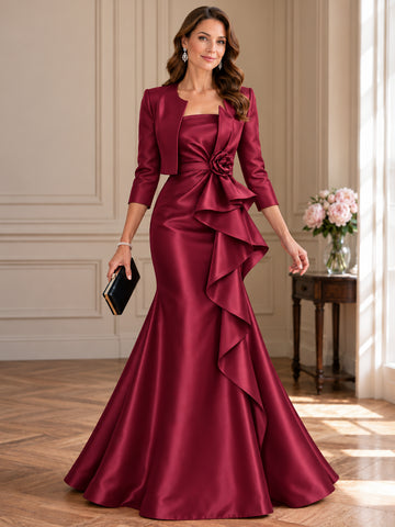 2 Pieces Trumpet/Mermaid Strapless Satin Mother of the Bride & Groom Dresses Floor-Length 3/4 Sleeves & Sleeveless With 3D Flower