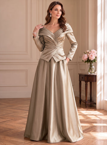 A-Line/Princess Off-the-Shoulder Satin Mother of the Bride & Groom Dresses Floor-Length Long Sleeves Ruched