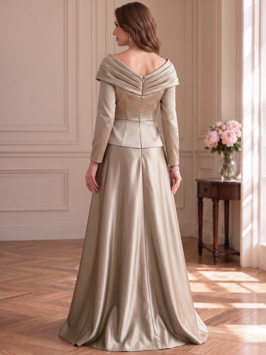 A-Line/Princess Off-the-Shoulder Satin Mother of the Bride & Groom Dresses Floor-Length Long Sleeves Ruched