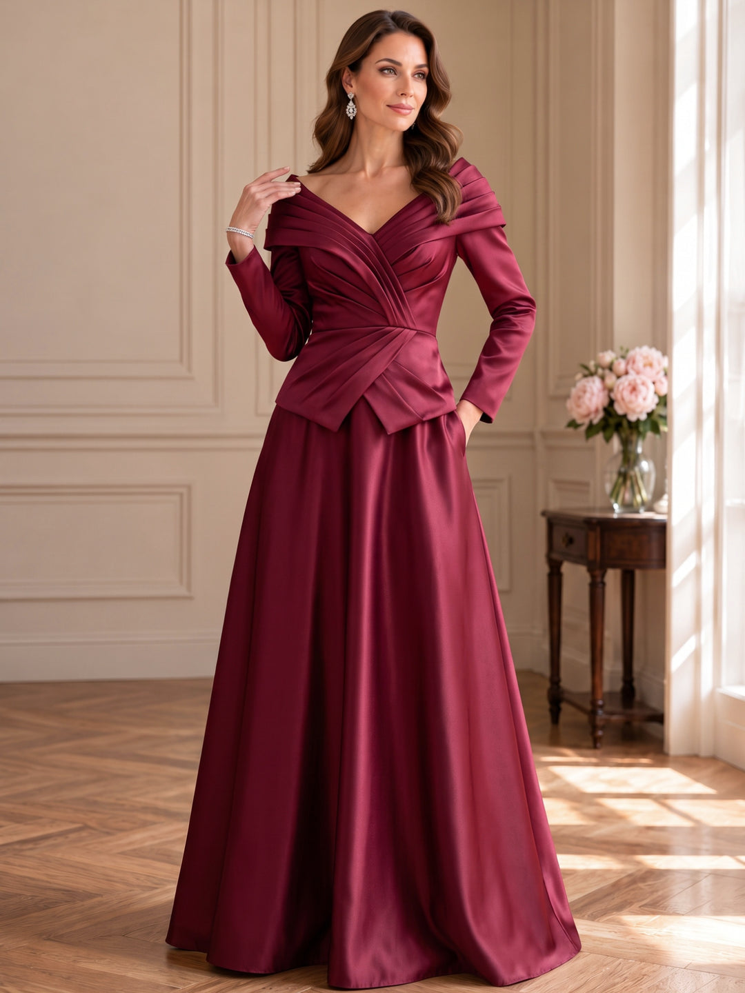 A-Line/Princess Off-the-Shoulder Satin Mother of the Bride & Groom Dresses Floor-Length Long Sleeves Ruched
