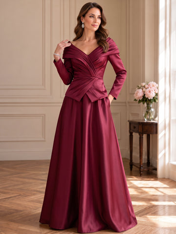 A-Line/Princess Off-the-Shoulder Satin Mother of the Bride & Groom Dresses Floor-Length Long Sleeves Ruched