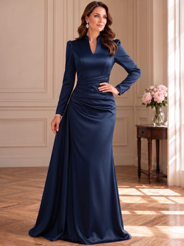 Sheath/Column Mock Neck Satin Mother of the Bride & Groom Dresses Floor-Length Long Sleeves Ruched