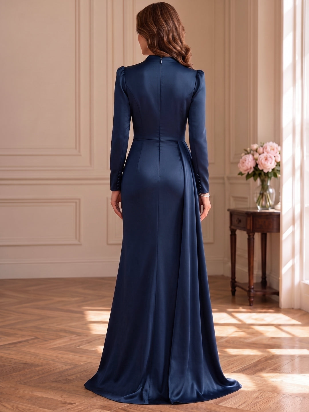 Sheath/Column Mock Neck Satin Mother of the Bride & Groom Dresses Floor-Length Long Sleeves Ruched