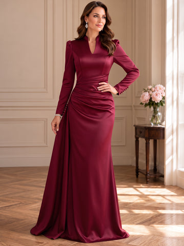 Sheath/Column Mock Neck Satin Mother of the Bride & Groom Dresses Floor-Length Long Sleeves Ruched