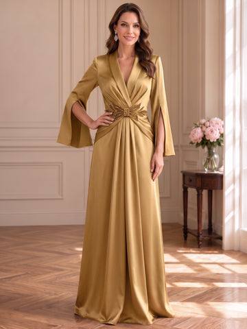 A-Line/Princess V-Neck Satin Mother of the Bride & Groom Dresses Floor-Length 3/4 Sleeves Beading