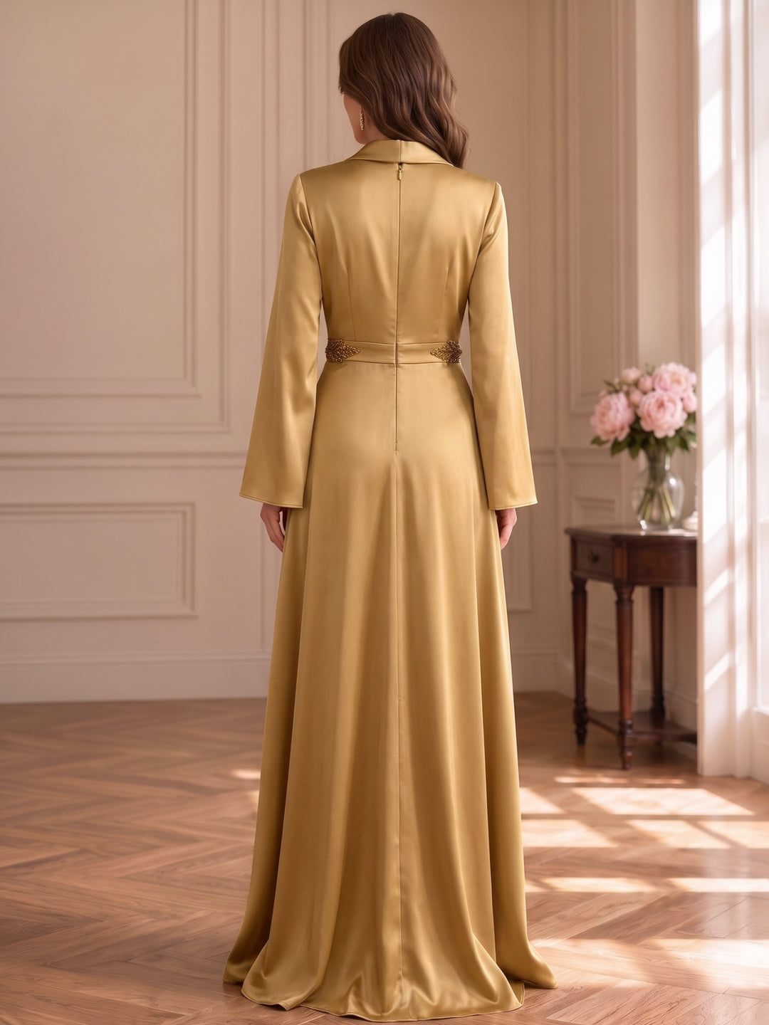 A-Line/Princess V-Neck Satin Mother of the Bride & Groom Dresses Floor-Length 3/4 Sleeves Beading