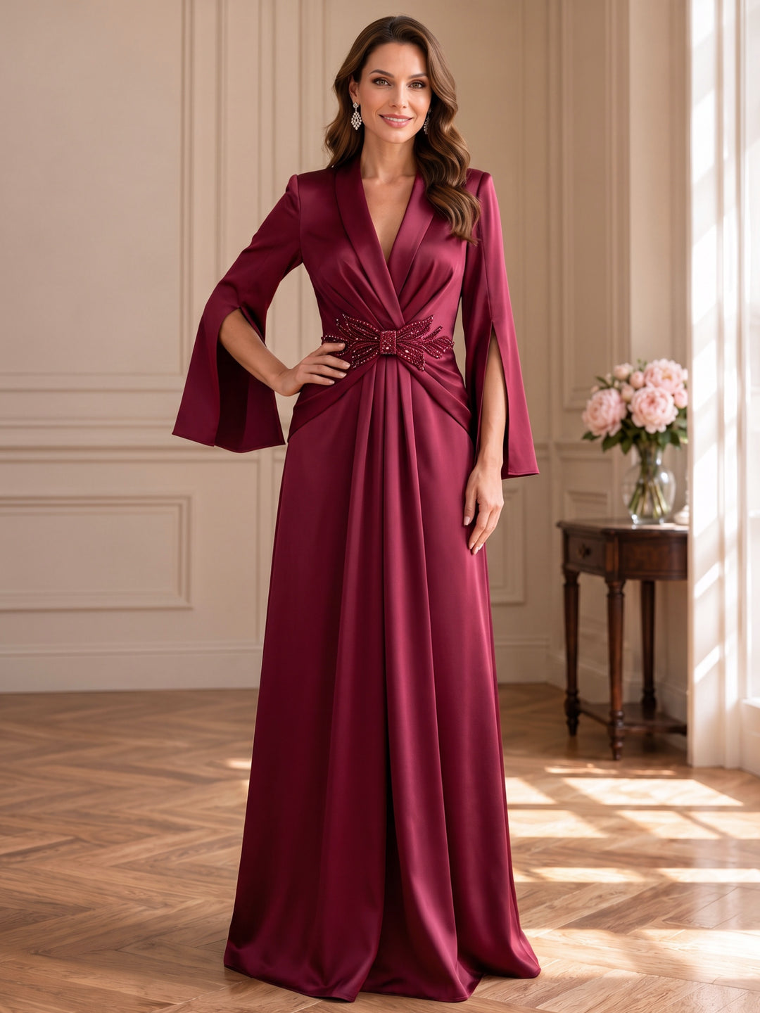 A-Line/Princess V-Neck Satin Mother of the Bride & Groom Dresses Floor-Length 3/4 Sleeves Beading