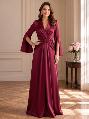 A-Line/Princess V-Neck Satin Mother of the Bride & Groom Dresses Floor-Length 3/4 Sleeves Beading