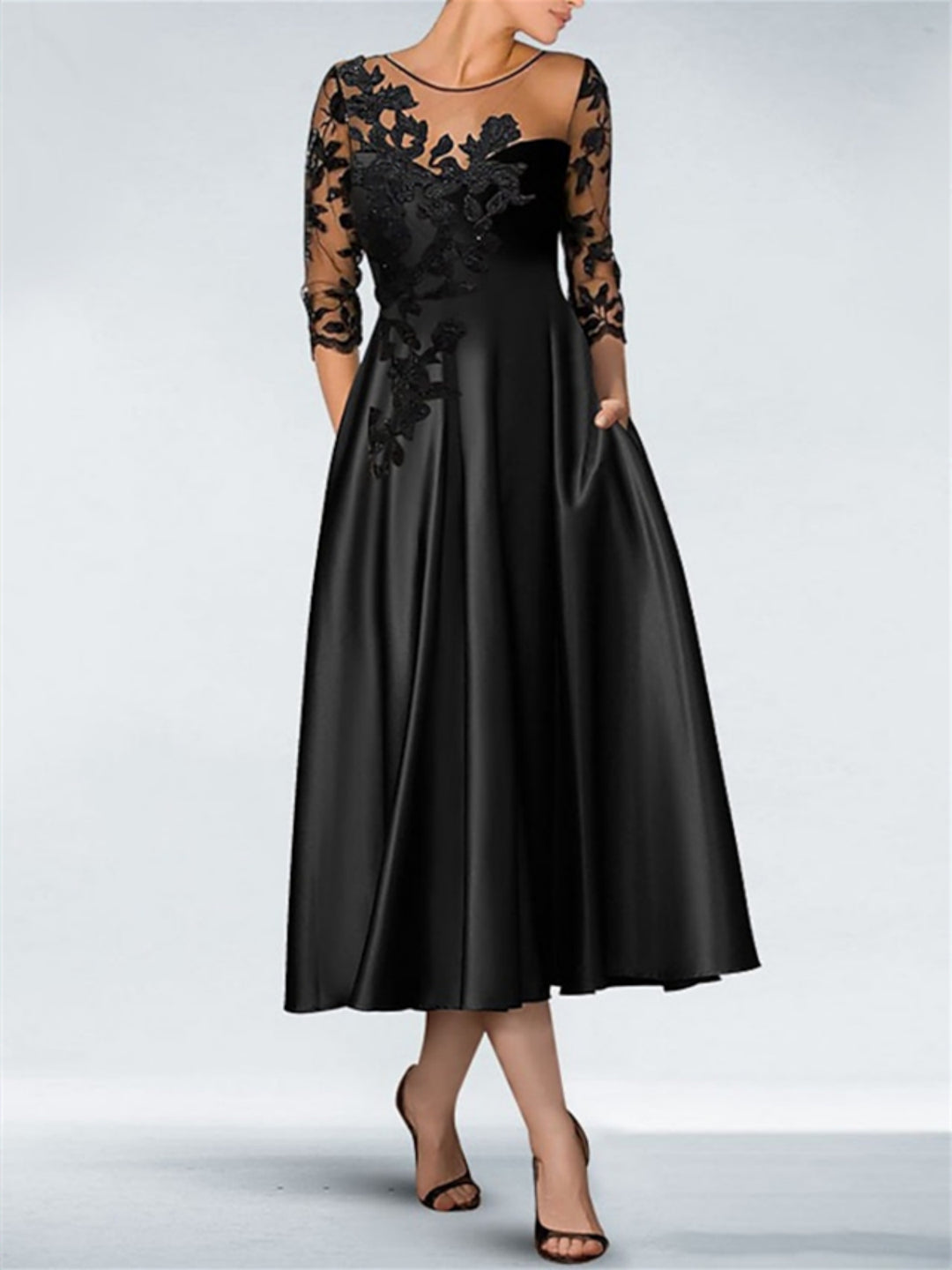 A-Line/Princess Scoop Satin Mother of the Bride & Groom Dresses Lace Tea-Length 3/4 Sleeves With Pockets