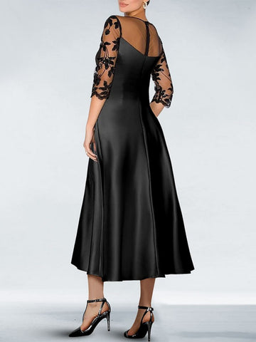 A-Line/Princess Scoop Satin Mother of the Bride & Groom Dresses Lace Tea-Length 3/4 Sleeves With Pockets