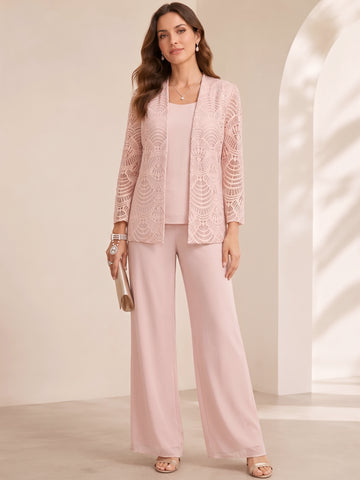 3 Pieces Scoop Chiffon Mother of the Bride Pantsuits with Jacket Lace Ankle-Length Long Sleeves