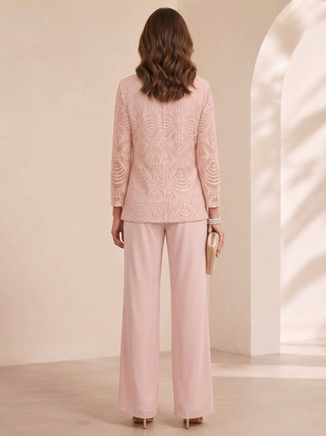 3 Pieces Scoop Chiffon Mother of the Bride Pantsuits with Jacket Lace Ankle-Length Long Sleeves