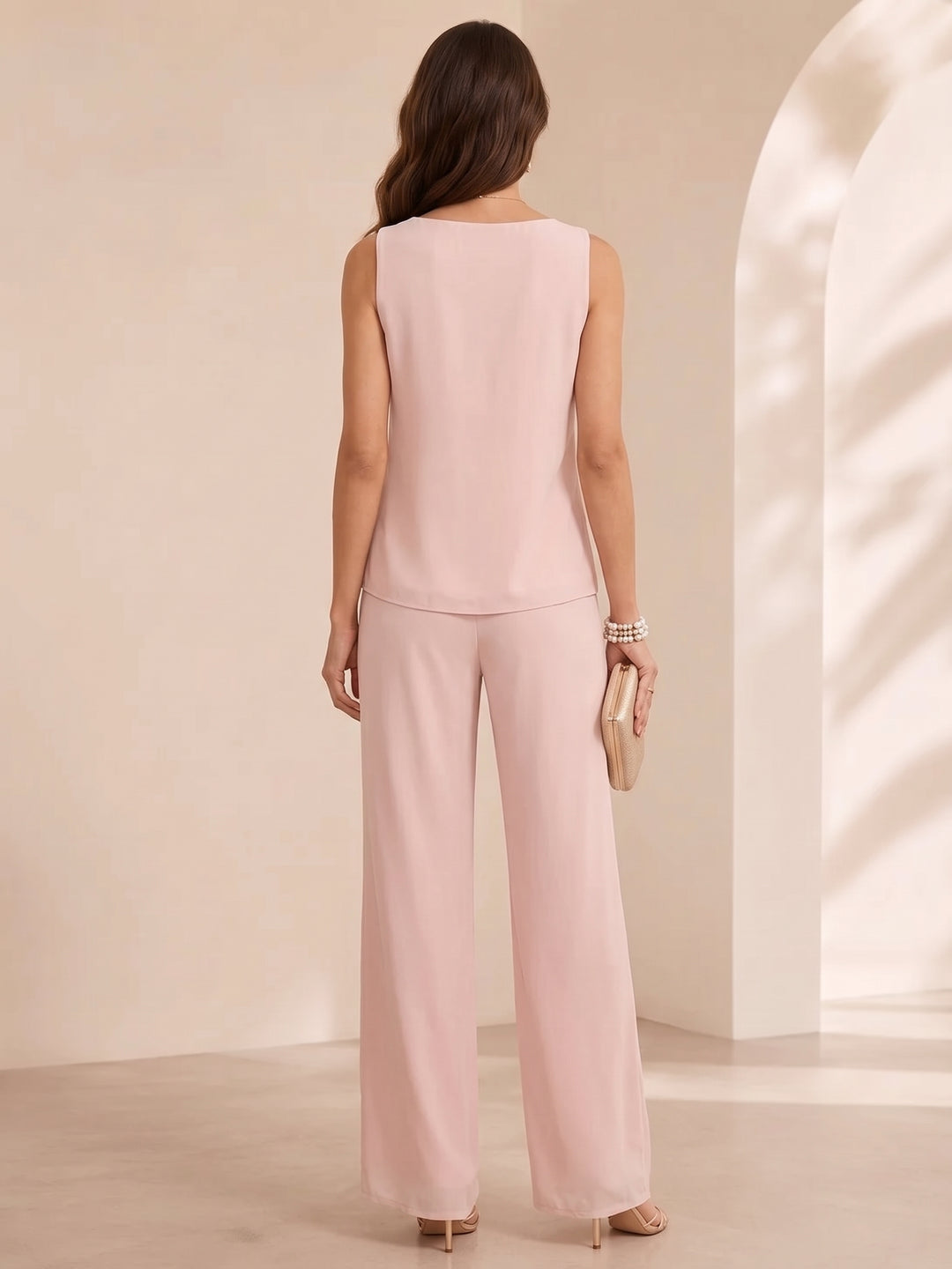 3 Pieces Scoop Chiffon Mother of the Bride Pantsuits with Jacket Lace Ankle-Length Long Sleeves