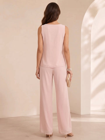 3 Pieces Scoop Chiffon Mother of the Bride Pantsuits with Jacket Lace Ankle-Length Long Sleeves