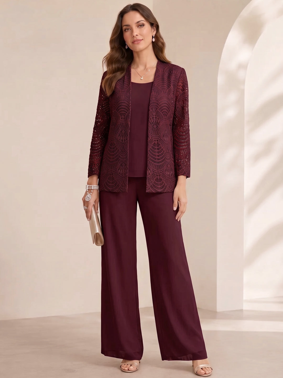 3 Pieces Scoop Chiffon Mother of the Bride Pantsuits with Jacket Lace Ankle-Length Long Sleeves