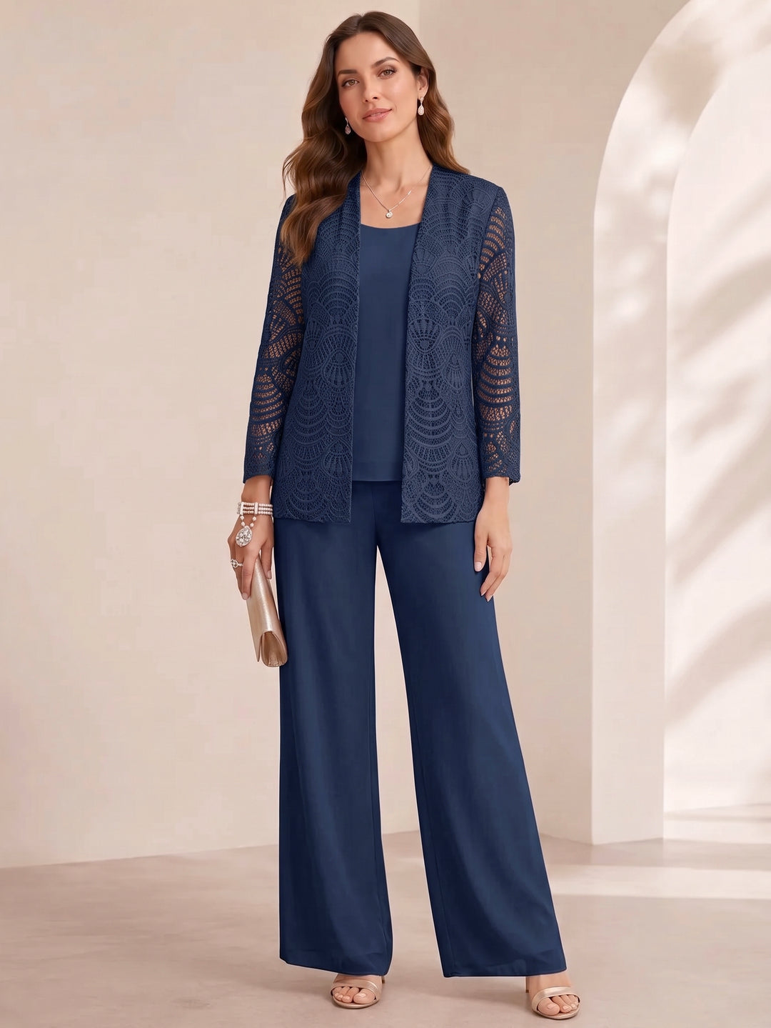 3 Pieces Scoop Chiffon Mother of the Bride Pantsuits with Jacket Lace Ankle-Length Long Sleeves