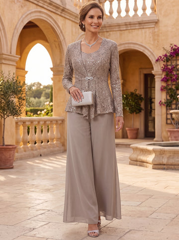 3 Pieces Scoop Lace Mother of the Bride Pantsuits with Jacket Long Sleeves Ankle-Length