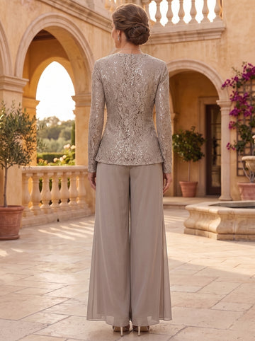 3 Pieces Scoop Lace Mother of the Bride Pantsuits with Jacket Long Sleeves Ankle-Length