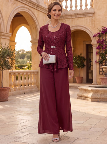 3 Pieces Scoop Lace Mother of the Bride Pantsuits with Jacket Long Sleeves Ankle-Length