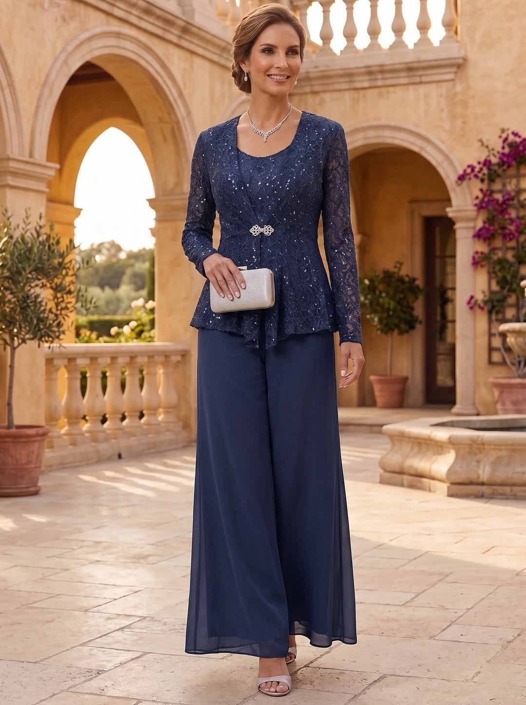 3 Pieces Scoop Lace Mother of the Bride Pantsuits with Jacket Long Sleeves Ankle-Length