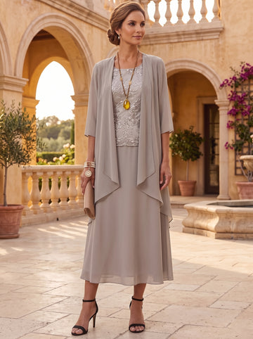 2 Pieces A-Line/Princess Scoop Chiffon Mother of the Bride Dresses with Jacket 3/4 Sleeves Tea-Length Lace
