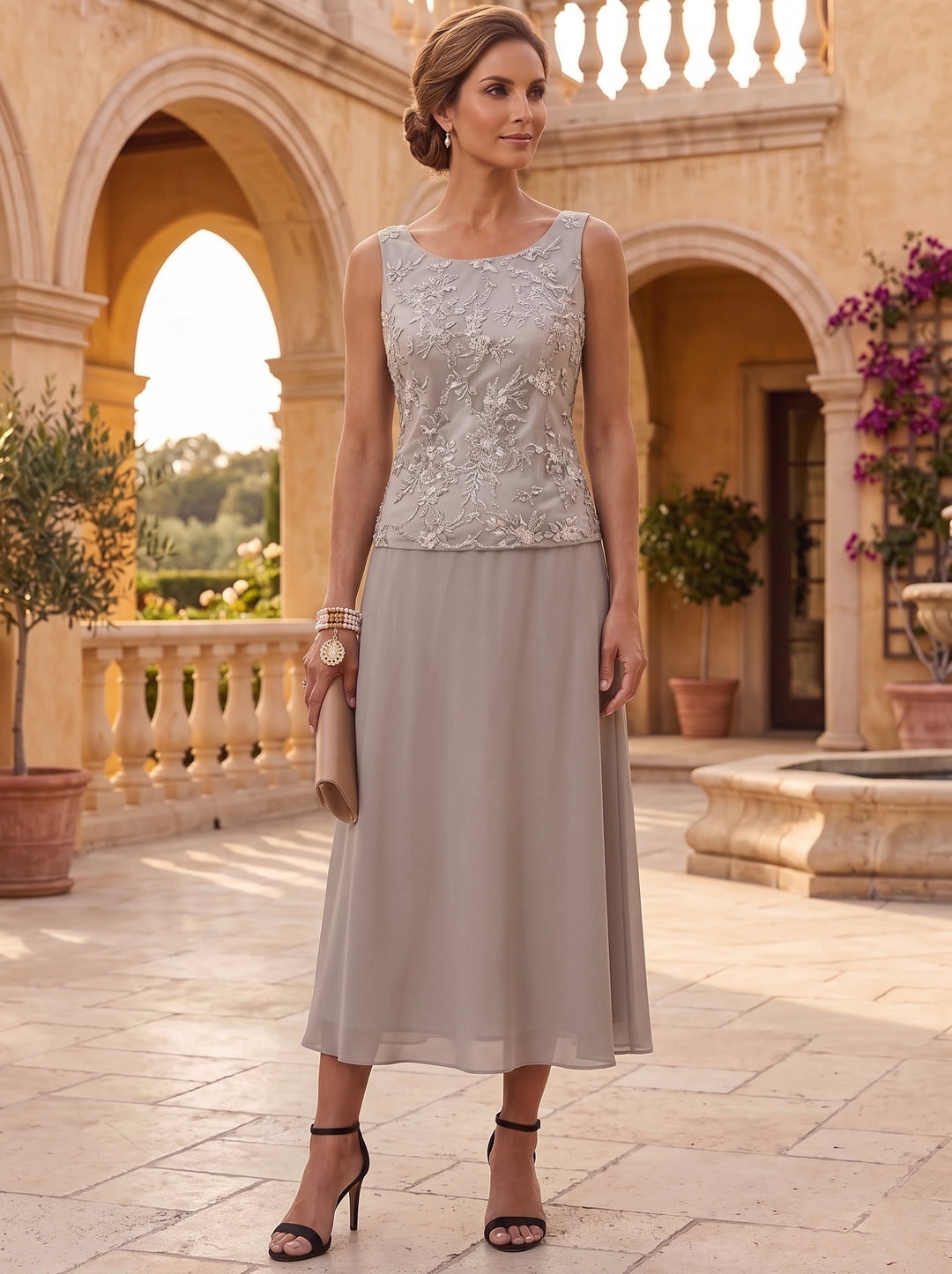 2 Pieces A-Line/Princess Scoop Chiffon Mother of the Bride Dresses with Jacket 3/4 Sleeves Tea-Length Lace