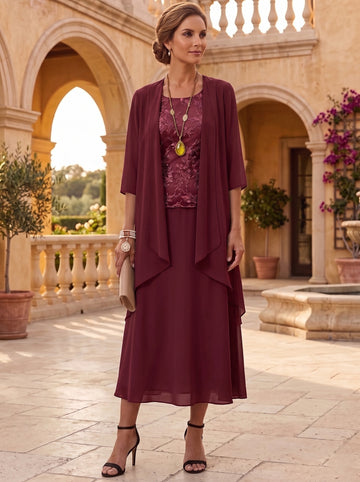 2 Pieces A-Line/Princess Scoop Chiffon Mother of the Bride Dresses with Jacket 3/4 Sleeves Tea-Length Lace