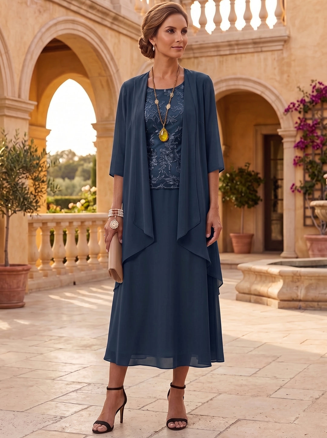 2 Pieces A-Line/Princess Scoop Chiffon Mother of the Bride Dresses with Jacket 3/4 Sleeves Tea-Length Lace