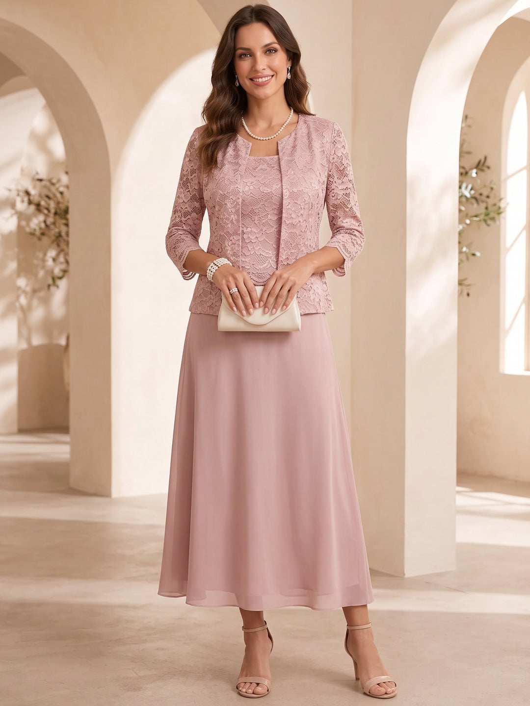 A-Line/Princess Scoop Chiffon Mother of the Bride Dresses with Jacket Floral Lace Tea-Length 3/4 Sleeves