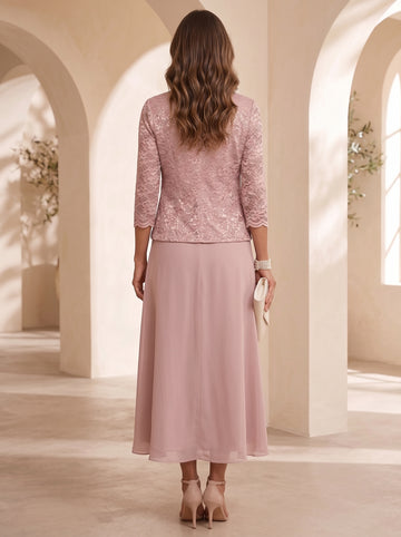A-Line/Princess Scoop Chiffon Mother of the Bride Dresses with Jacket Floral Lace Tea-Length 3/4 Sleeves