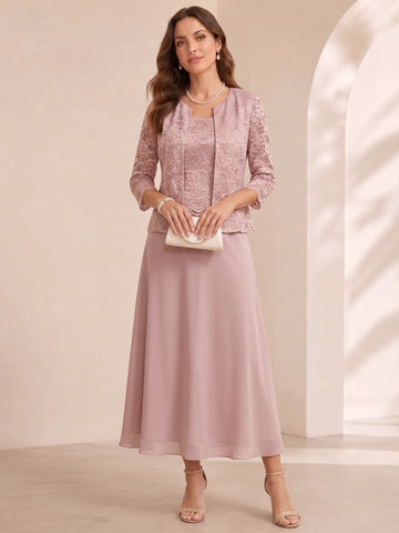 A-Line/Princess Scoop Chiffon Mother of the Bride Dresses with Jacket Floral Lace Tea-Length 3/4 Sleeves