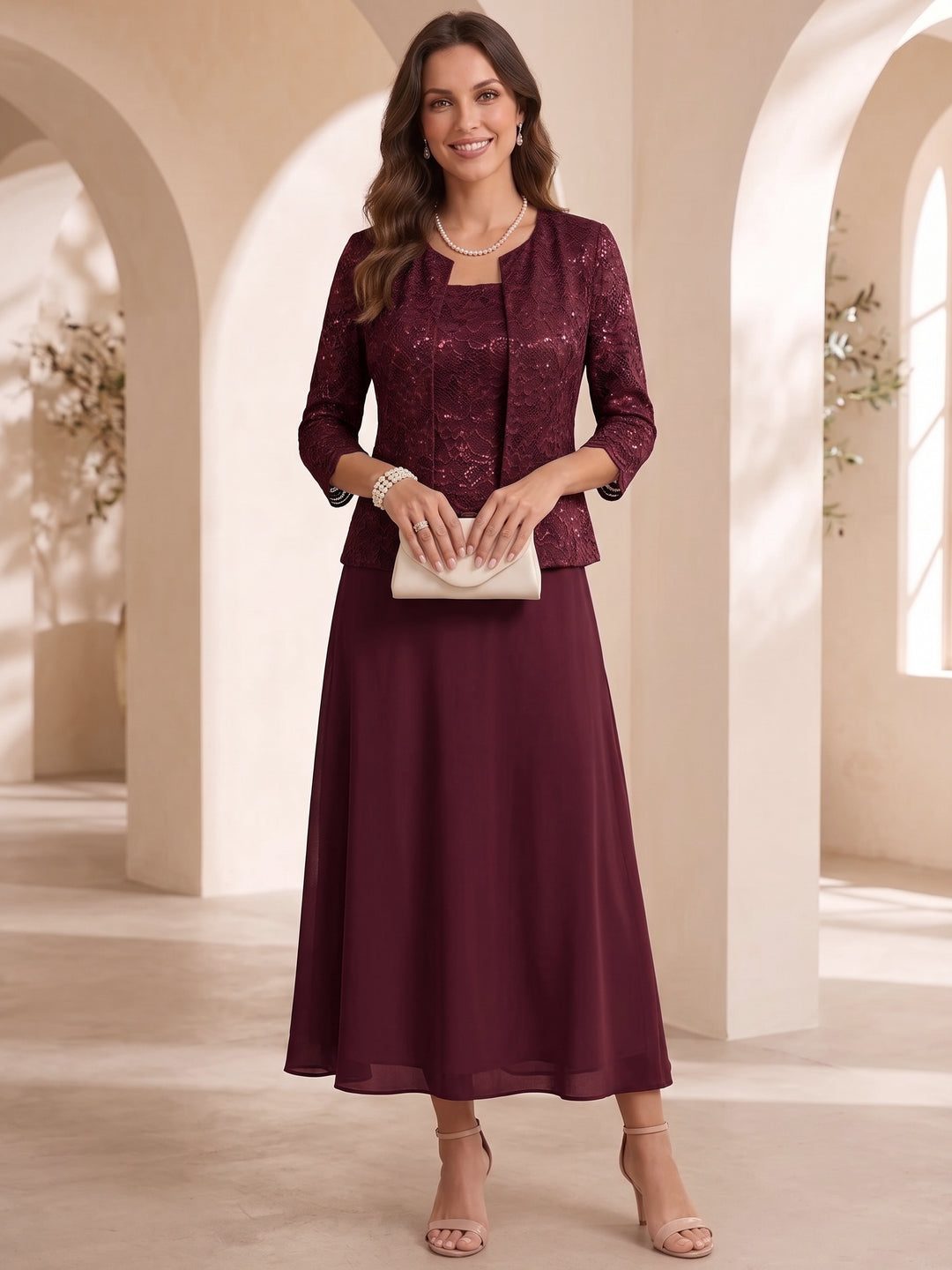 A-Line/Princess Scoop Chiffon Mother of the Bride Dresses with Jacket Floral Lace Tea-Length 3/4 Sleeves
