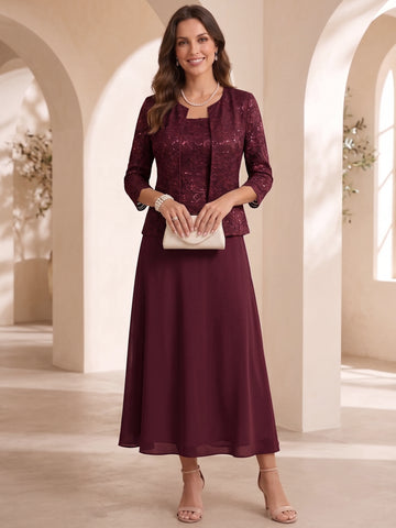 A-Line/Princess Scoop Chiffon Mother of the Bride Dresses with Jacket Floral Lace Tea-Length 3/4 Sleeves