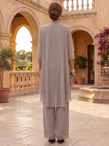 3 Pieces Scoop Chiffon Mother of the Bride Pantsuits with Jacket 3/4 Sleeves Ankle-Length Lace Floral