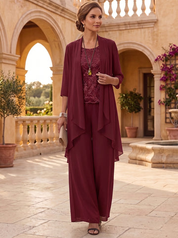 3 Pieces Scoop Chiffon Mother of the Bride Pantsuits with Jacket 3/4 Sleeves Ankle-Length Lace Floral