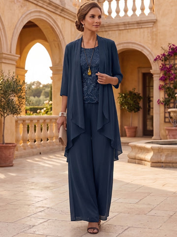 3 Pieces Scoop Chiffon Mother of the Bride Pantsuits with Jacket 3/4 Sleeves Ankle-Length Lace Floral