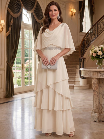A-Line/Princess Cowl Neck Cape Sleeves Chiffon Mother of the Bride & Groom Dresses Ankle-Length Ruffles&Sash