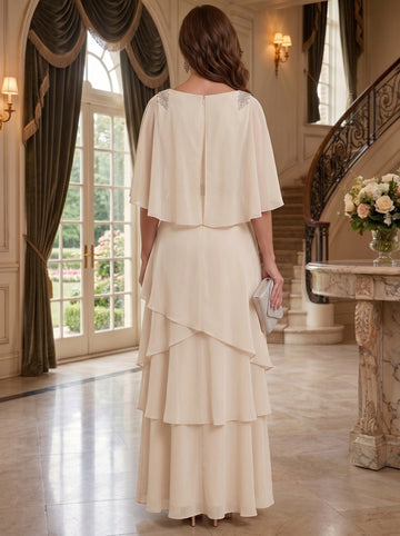 A-Line/Princess Cowl Neck Cape Sleeves Chiffon Mother of the Bride & Groom Dresses Ankle-Length Ruffles&Sash
