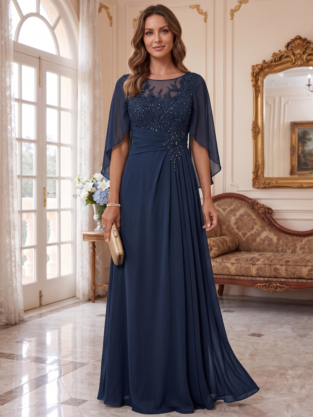 A-Line/Princess Scoop Chiffon Mother of the Bride Dresses Lace Half Sleeves Floor-Length