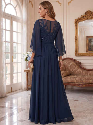 A-Line/Princess Scoop Chiffon Mother of the Bride Dresses Lace Half Sleeves Floor-Length